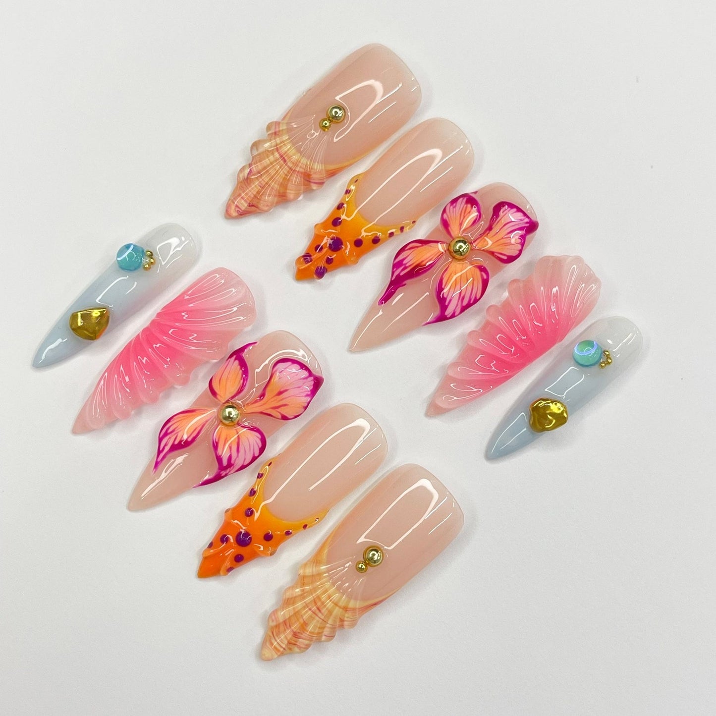 Flower Seashell Handmade Press on nails - Summer Nails