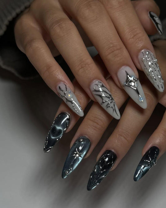Gothic Chrome Black Handmade Press on nails - Summer Nails