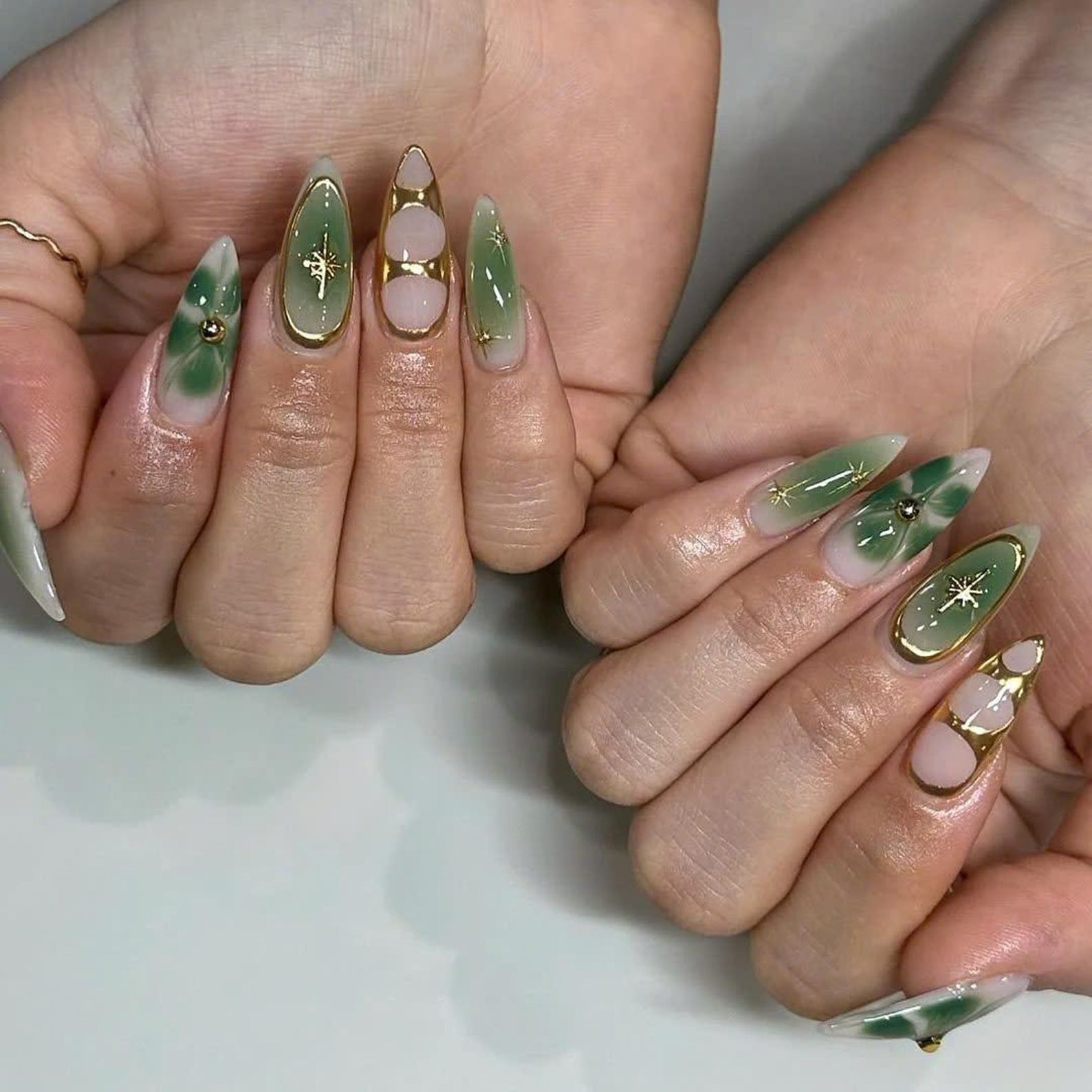 Green Gold Glam Handmade Press on nails - Summer Nails