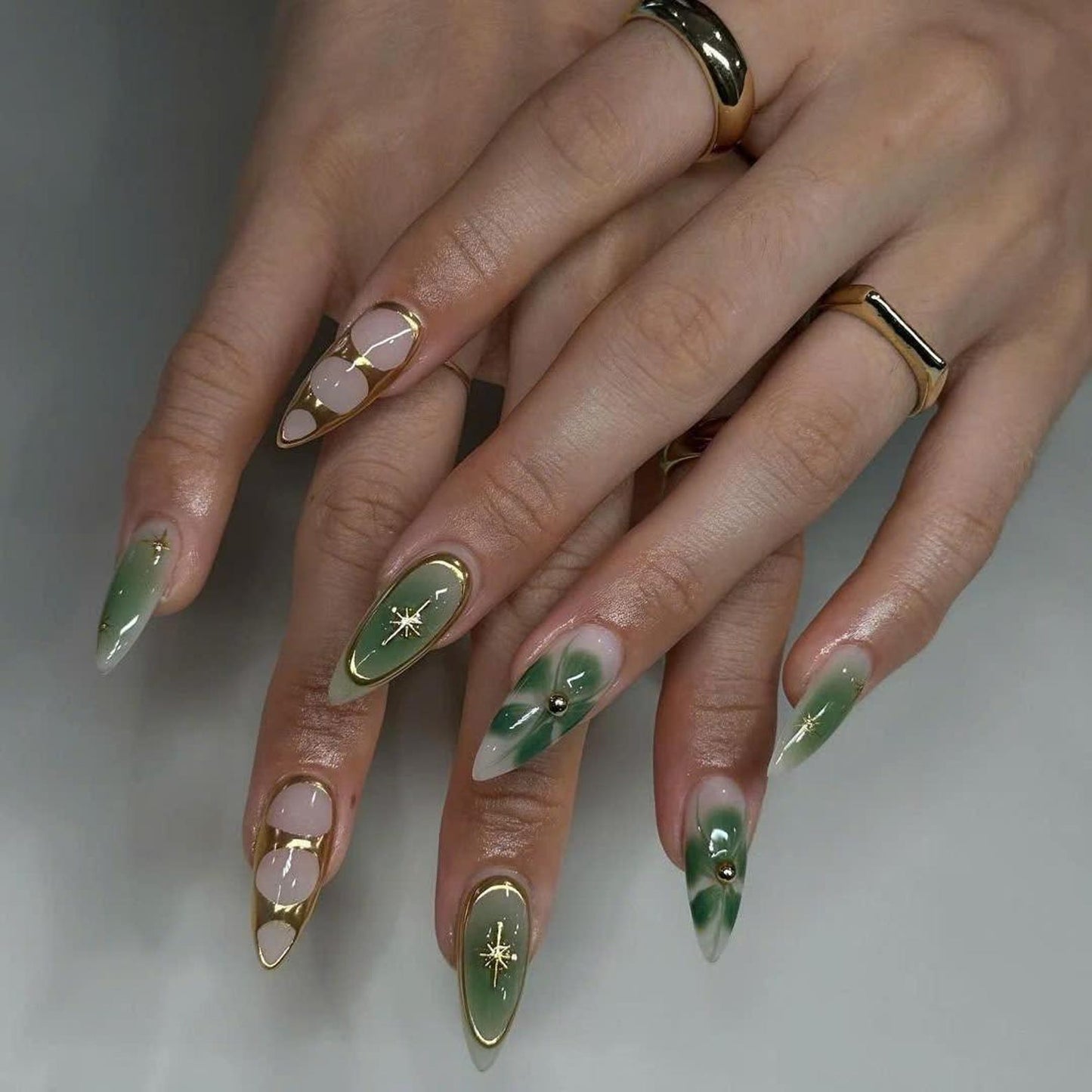 Green Gold Glam Handmade Press on nails - Summer Nails