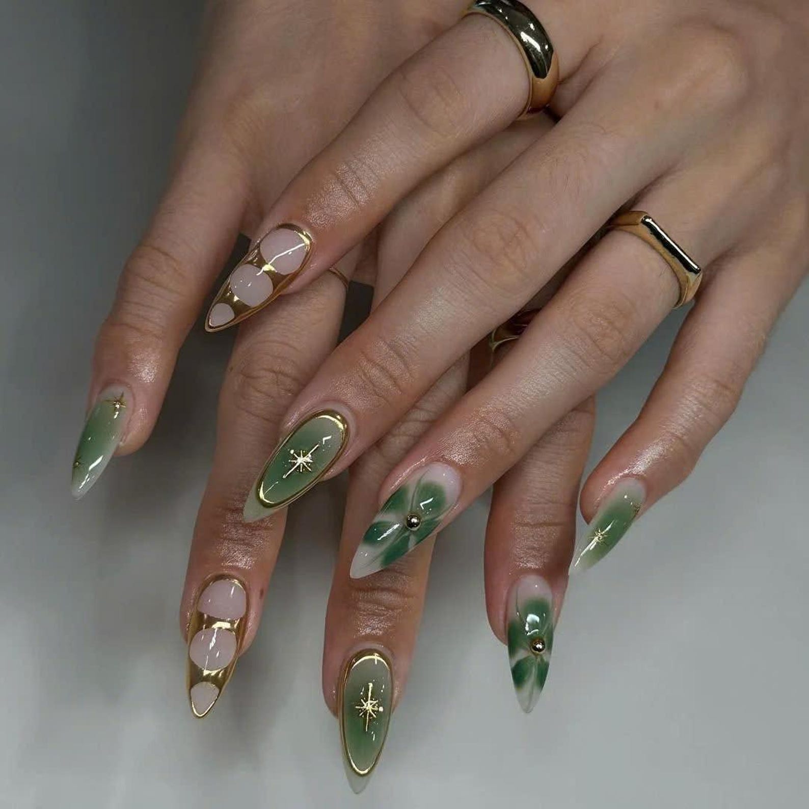 Green Gold Glam Handmade Press on nails - Summer Nails