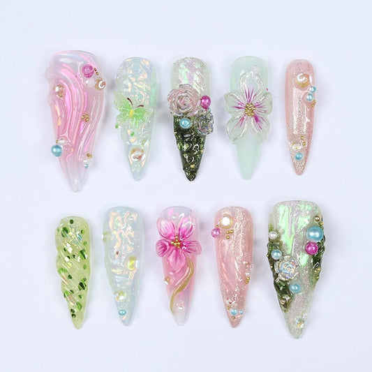 Green & Pink Handmade Press on nails - Summer Nails