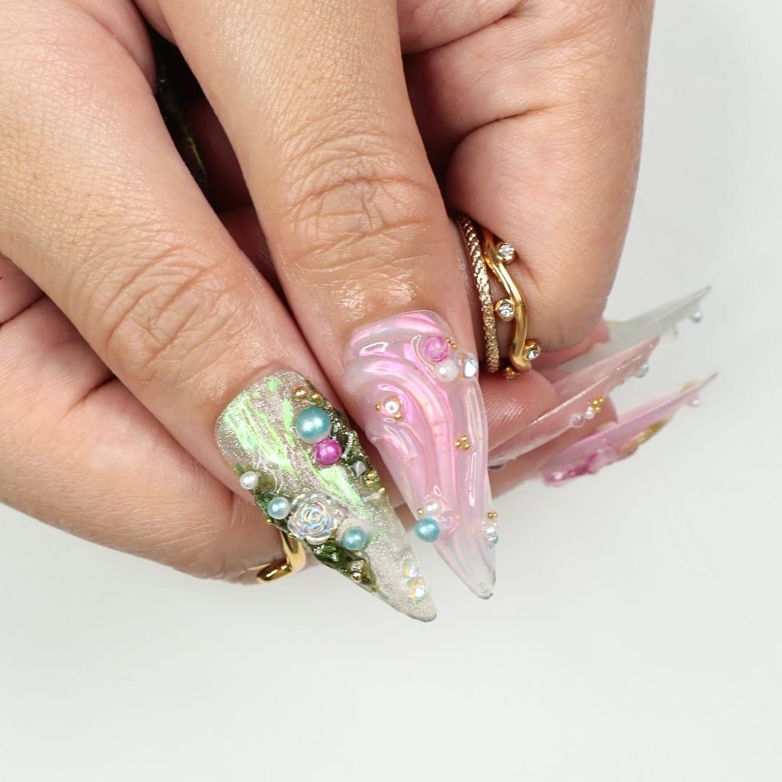 Green & Pink Handmade Press on nails - Summer Nails