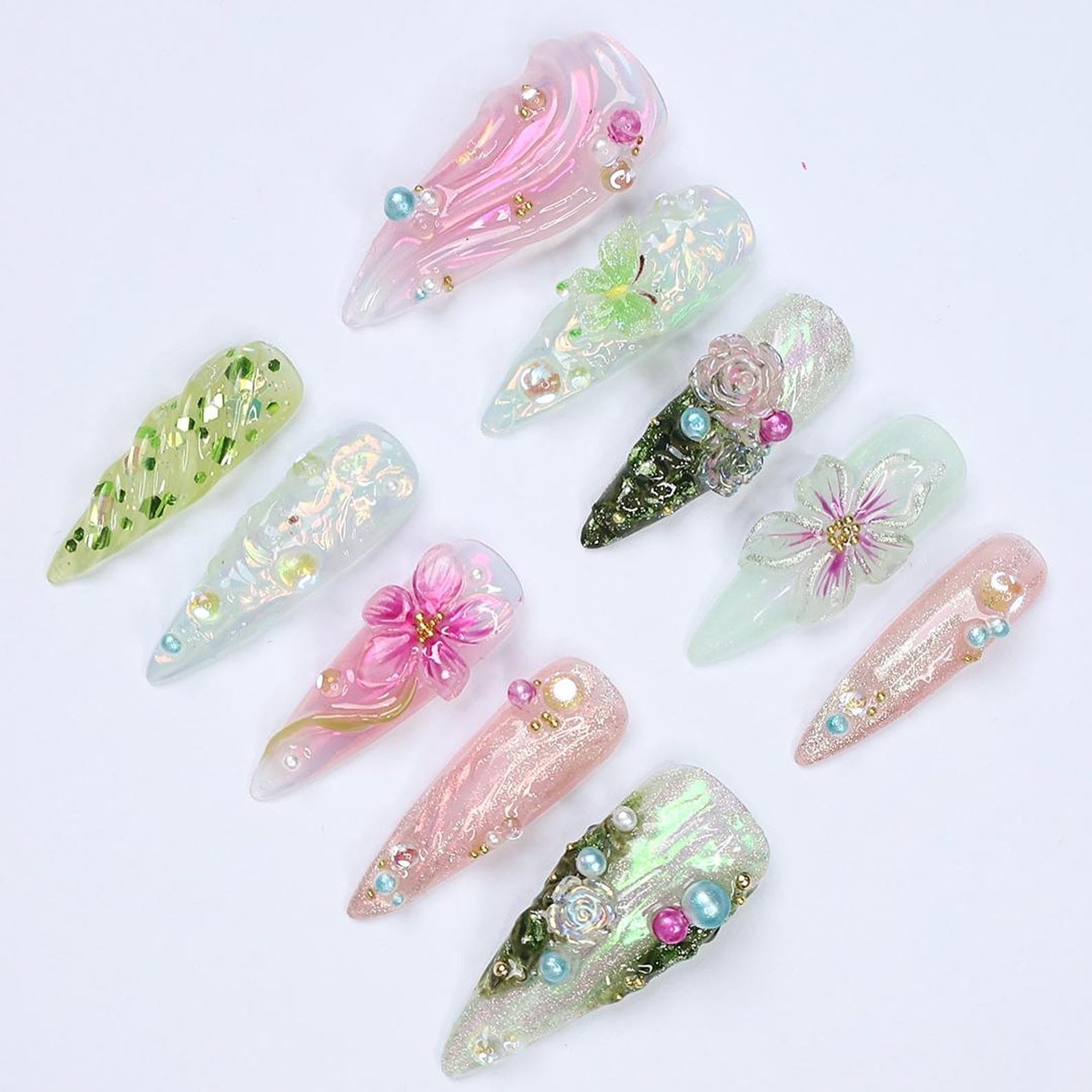  Green & Pink Handmade Press on nails - Summer Nails
