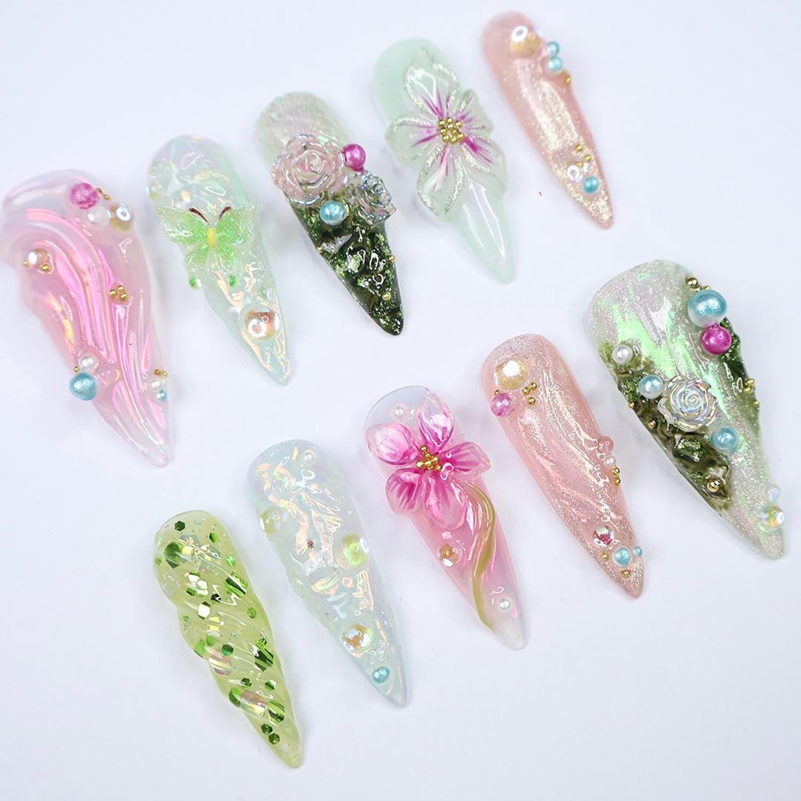 Green & Pink Handmade Press on nails - Summer Nails