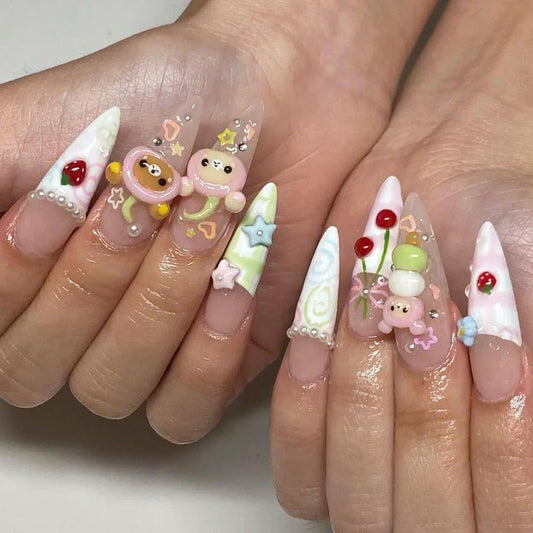 Kawaii Pastel Bear Handmade Press on nails - Summer Nails