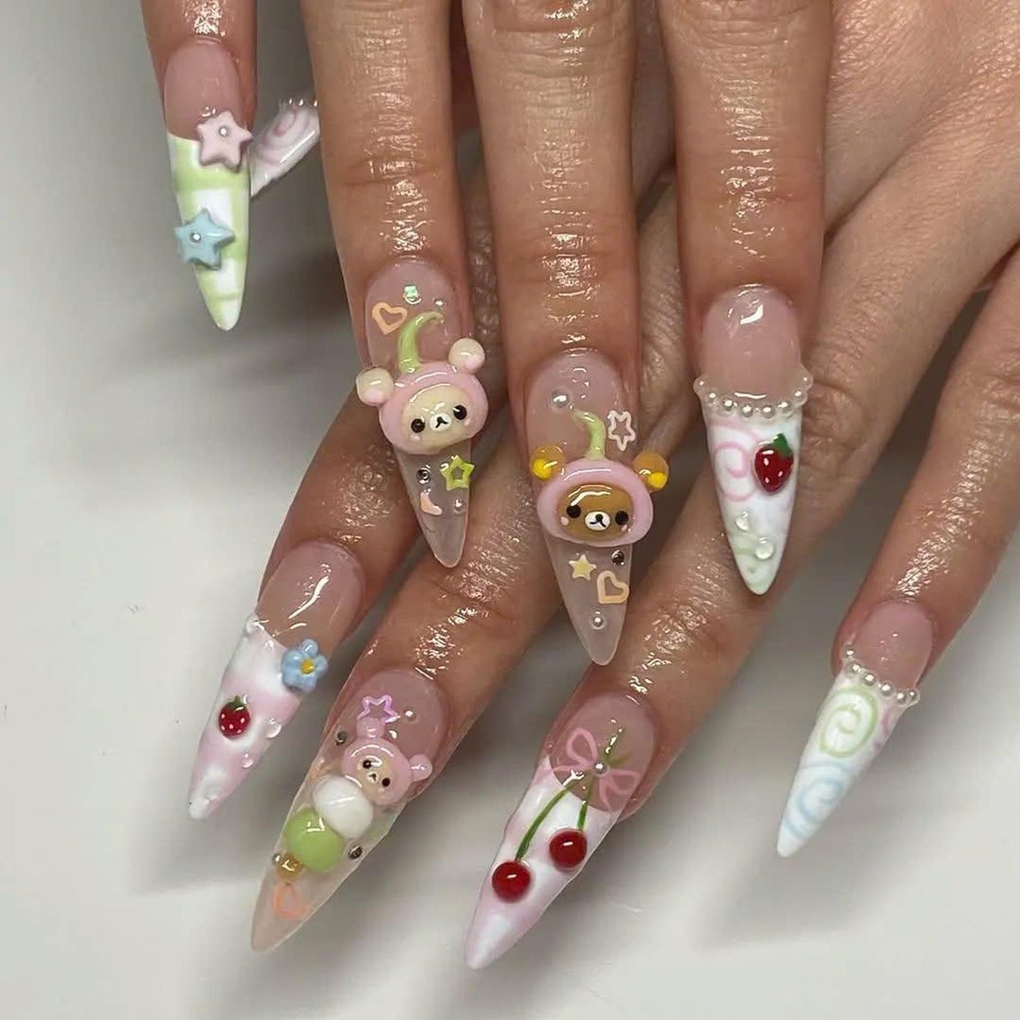 Kawaii Pastel Bear Handmade Press on nails - Summer Nails