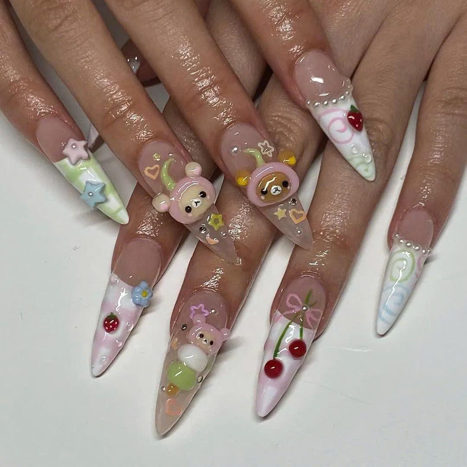 Kawaii Pastel Bear Handmade Press on nails - Summer Nails
