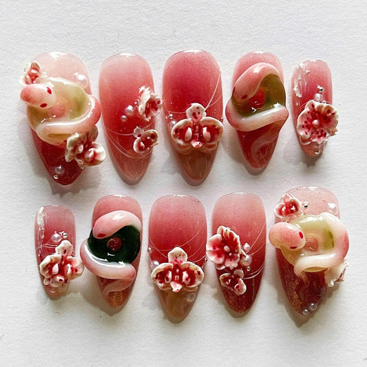 Lotus Snake Handmade Press on nails - Summer Nails
