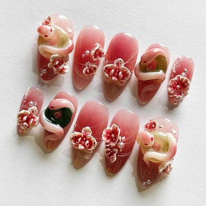 Lotus Snake Handmade Press on nails - Summer Nails