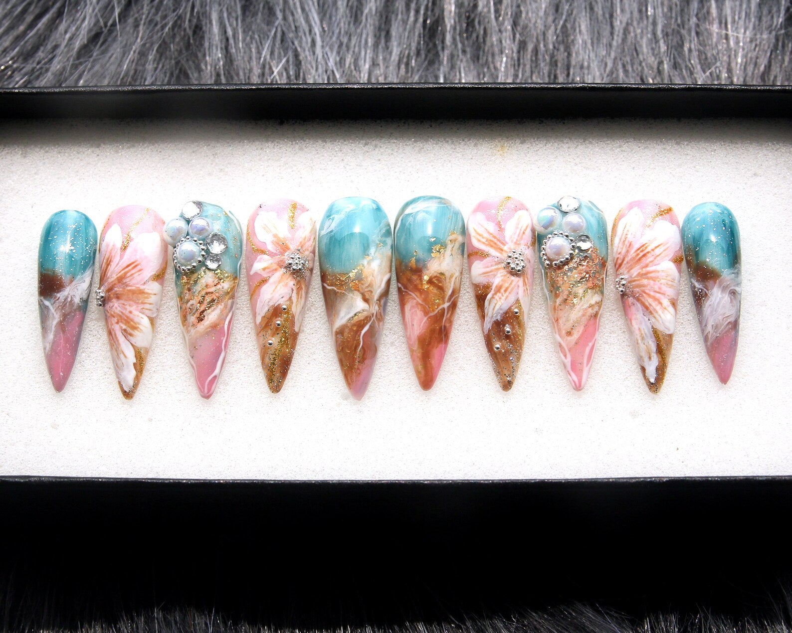 Marble Flowers Handmade Press on nails - Summer Nails 