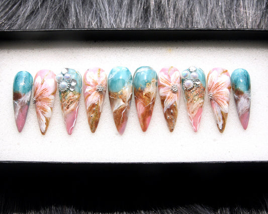 Marble Flowers Handmade Press on nails - Summer Nails 