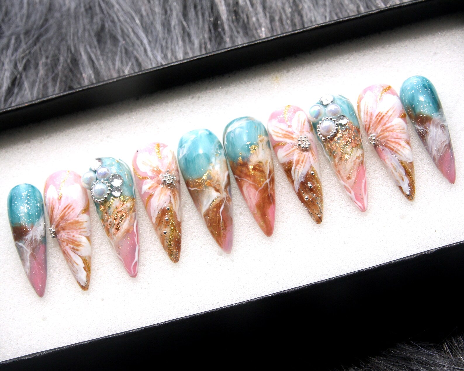 Marble Flowers Handmade Press on nails - Summer Nails 
