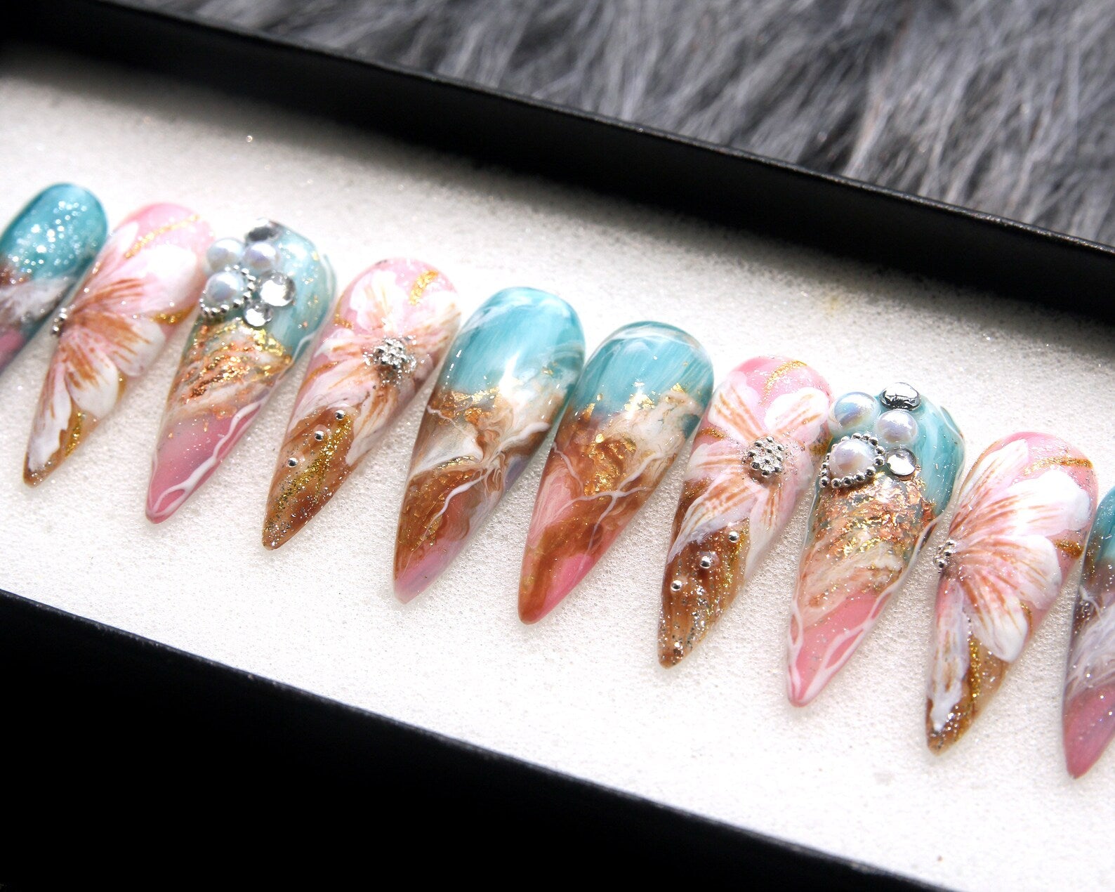 Marble Flowers Handmade Press on nails - Summer Nails 