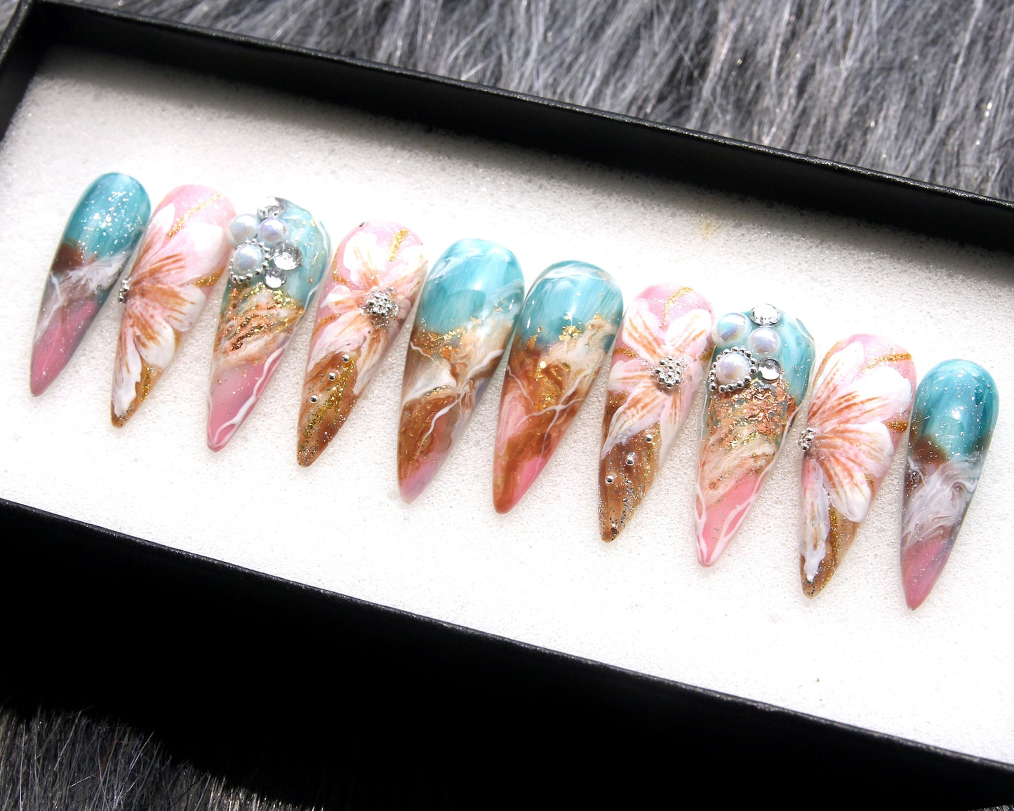 Marble Flowers Handmade Press on nails - Summer Nails 