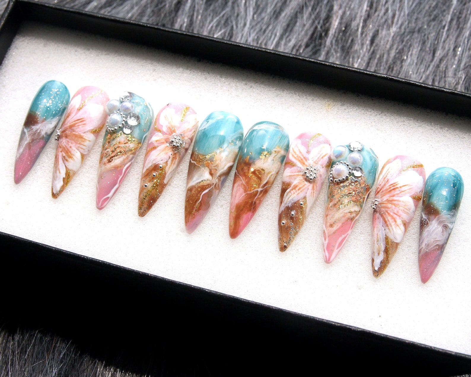 Marble Flowers Handmade Press on nails - Summer Nails 