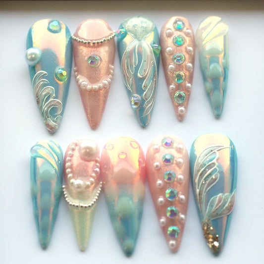 Mermaid Aurora Handmade Press on nails - Summer Nails 