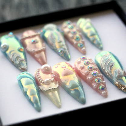 Mermaid Aurora Handmade Press on nails - Summer Nails 