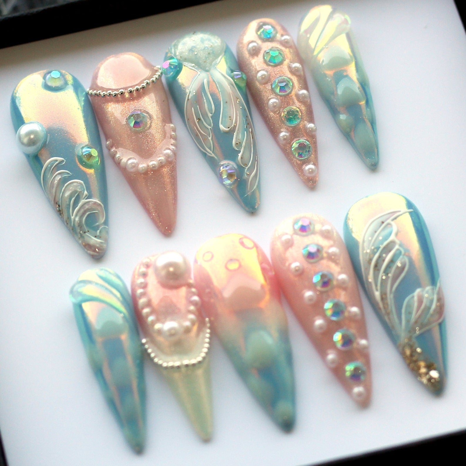 Mermaid Aurora Handmade Press on nails - Summer Nails 