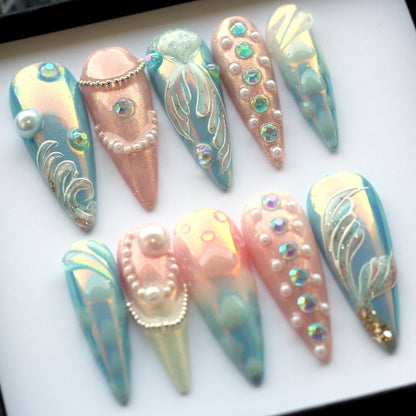 Mermaid Aurora Handmade Press on nails - Summer Nails 