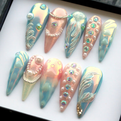 Mermaid Aurora Handmade Press on nails - Summer Nails 