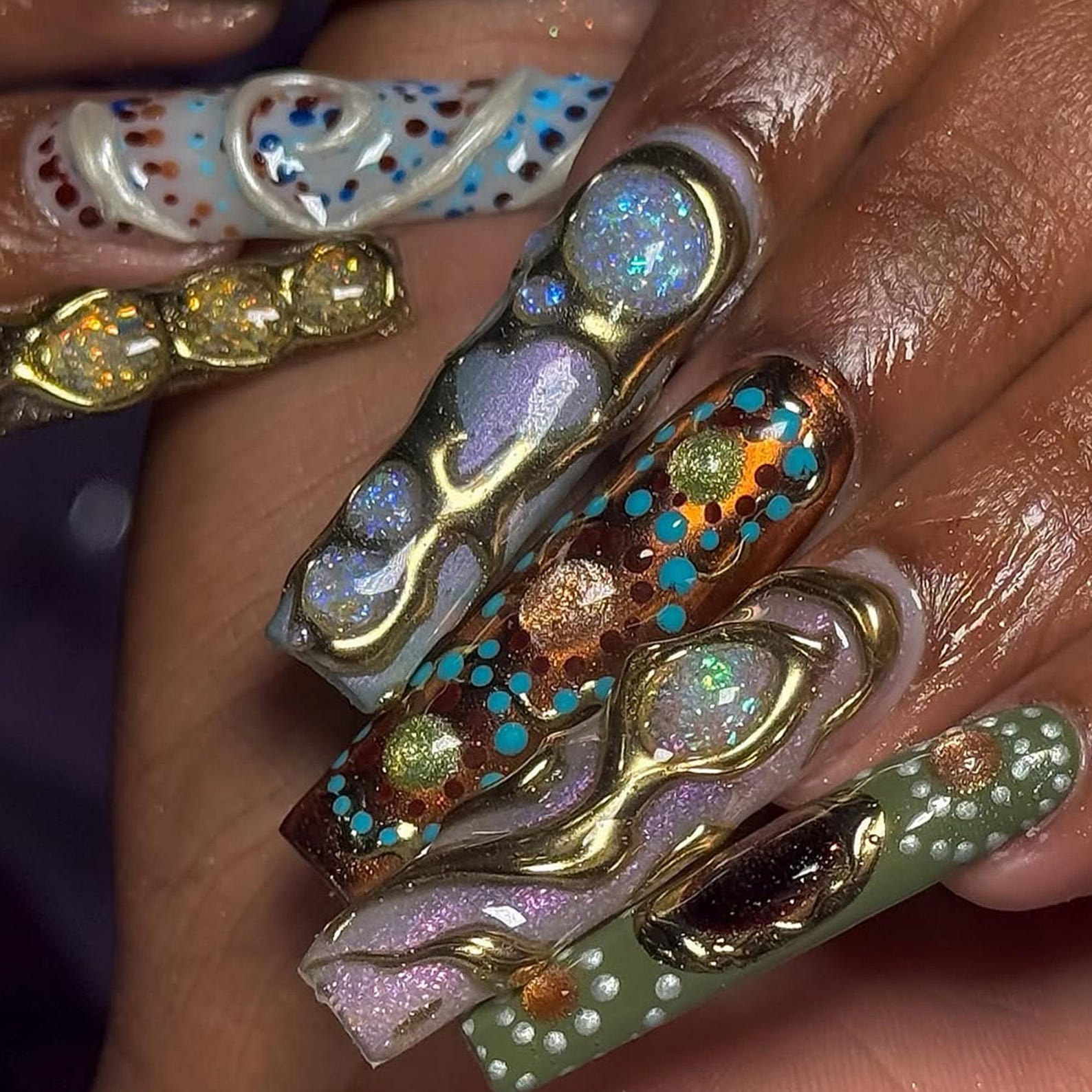 Metallic & Opal Sculpted Handmade Press on nails - Summer Nails