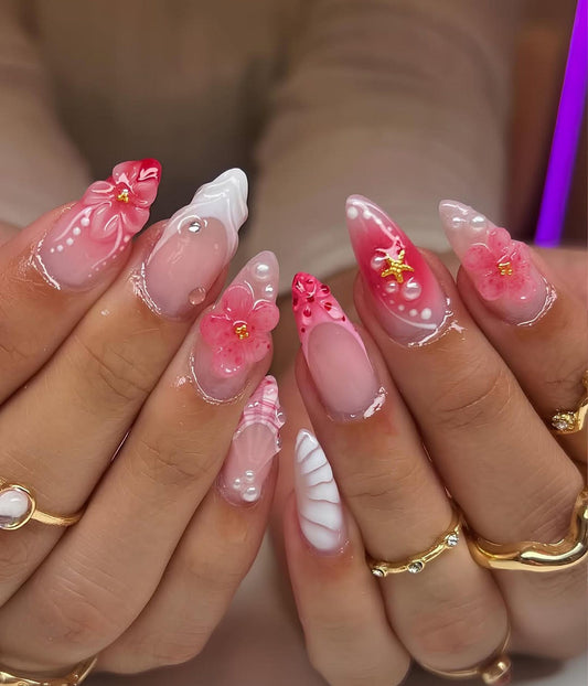 Pink Blossom Romantic Handmade Press on nails - Summer Nails