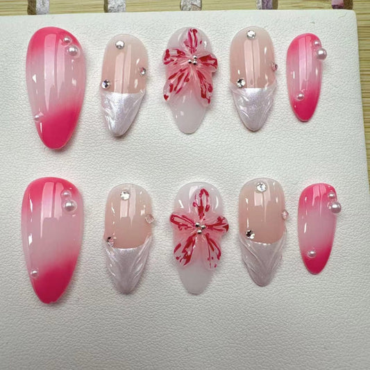 Pink Flower Handmade Press on nails