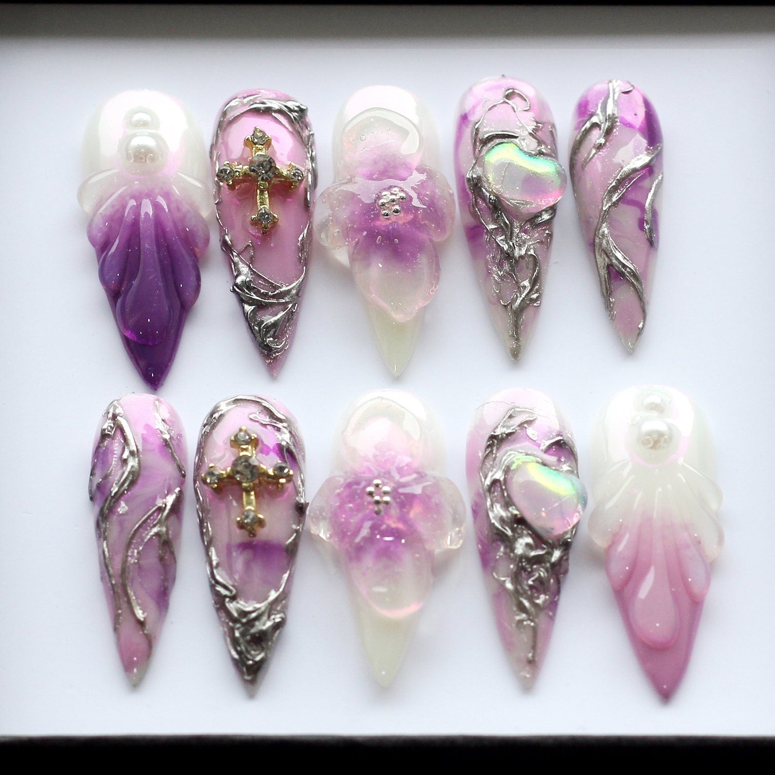Purple flower Cross Handmade Press on nails - Summer Nails 