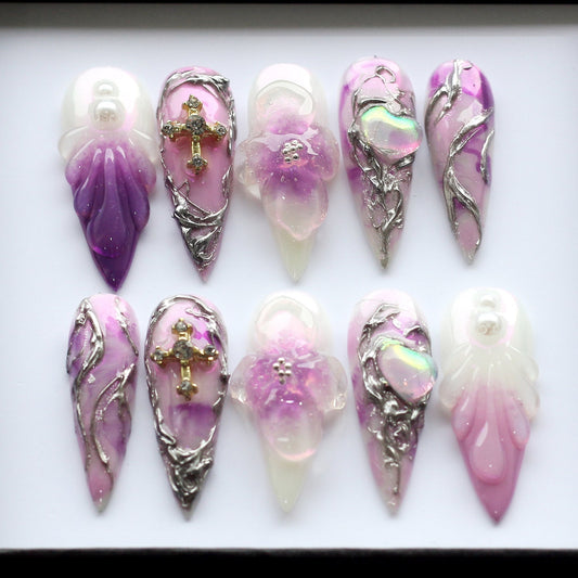 Purple flower Cross Handmade Press on nails - Summer Nails 