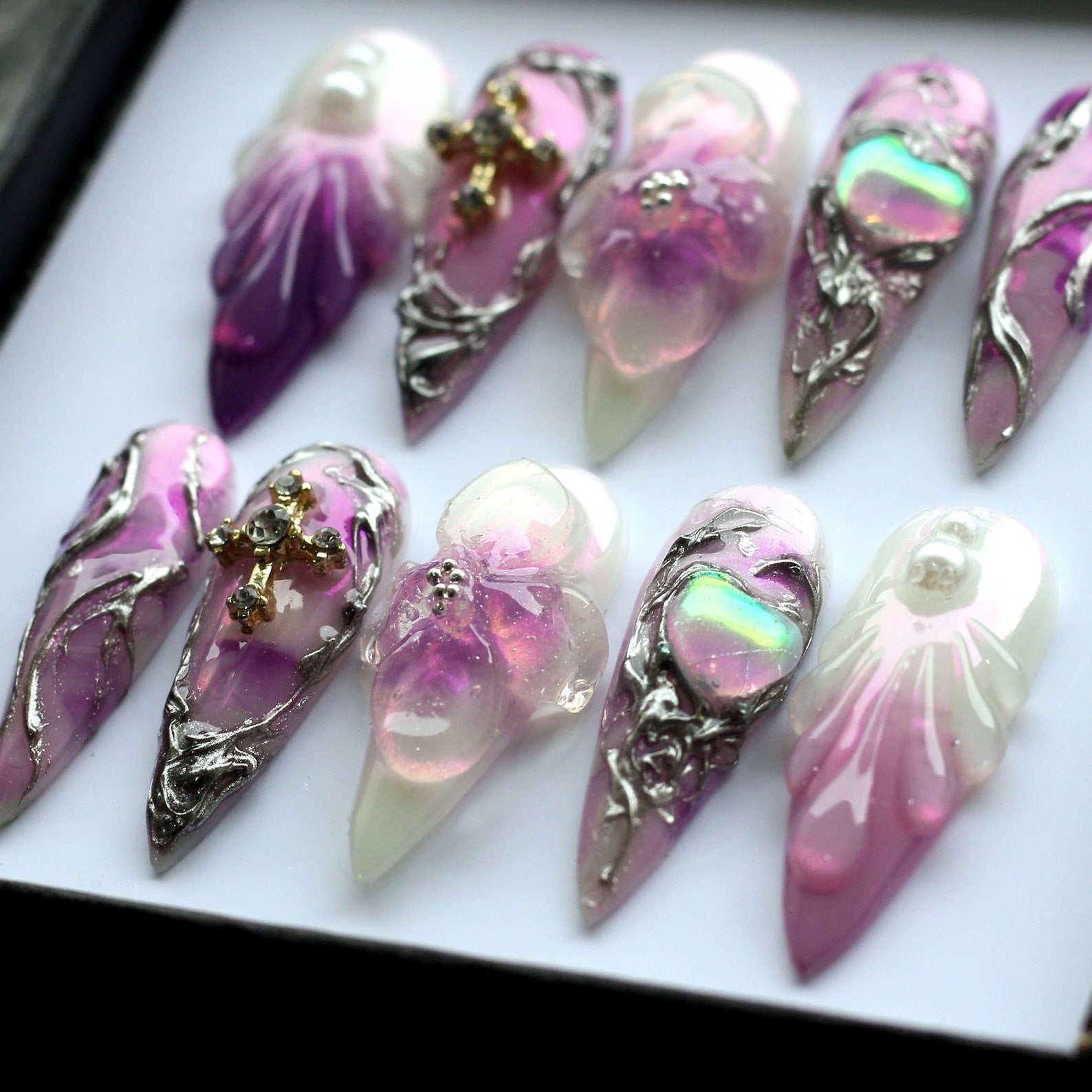 Purple flower Cross Handmade Press on nails - Summer Nails 