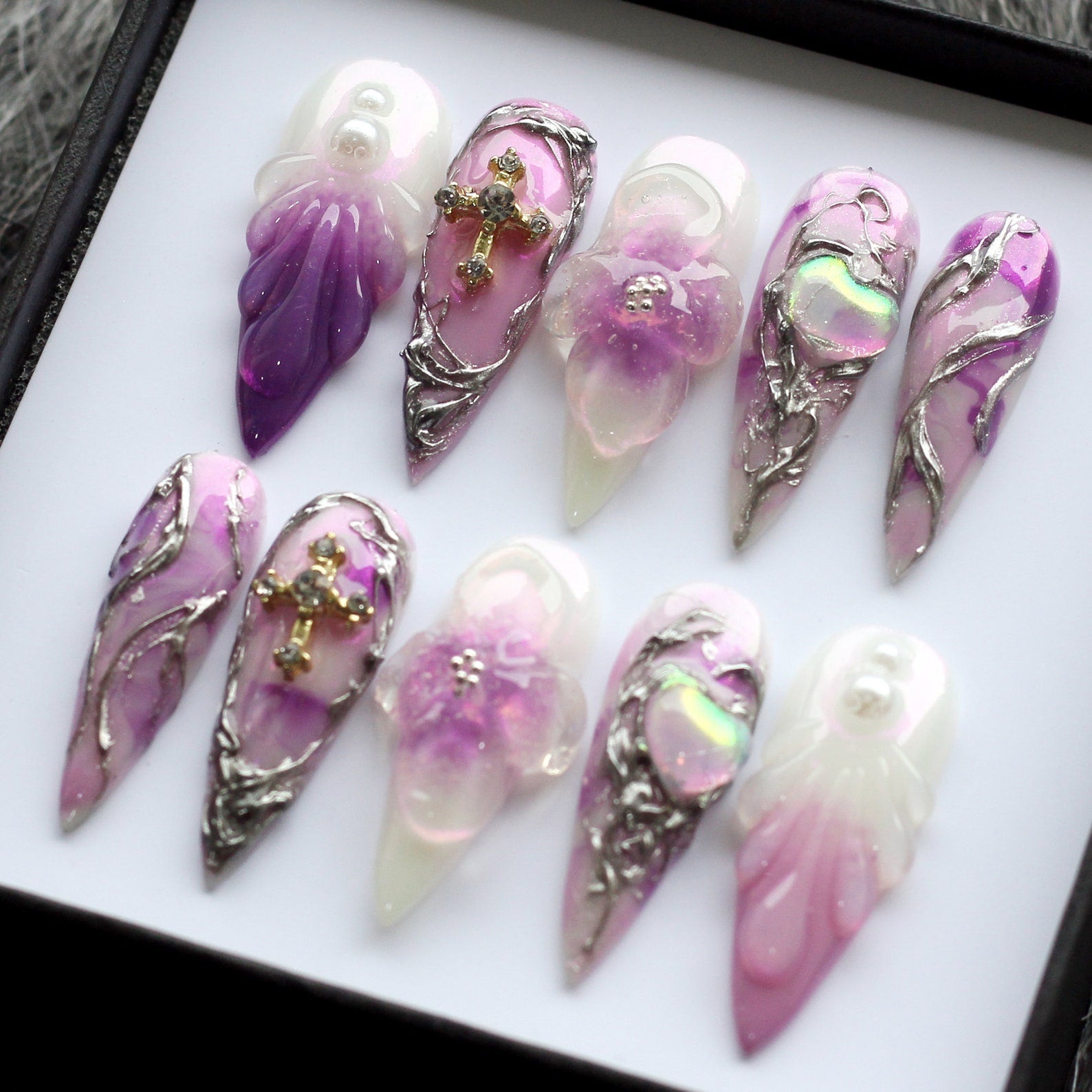 Purple flower Cross Handmade Press on nails - Summer Nails 