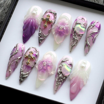 Purple flower Cross Handmade Press on nails - Summer Nails 