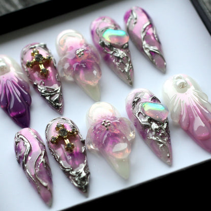 Purple flower Cross Handmade Press on nails - Summer Nails 