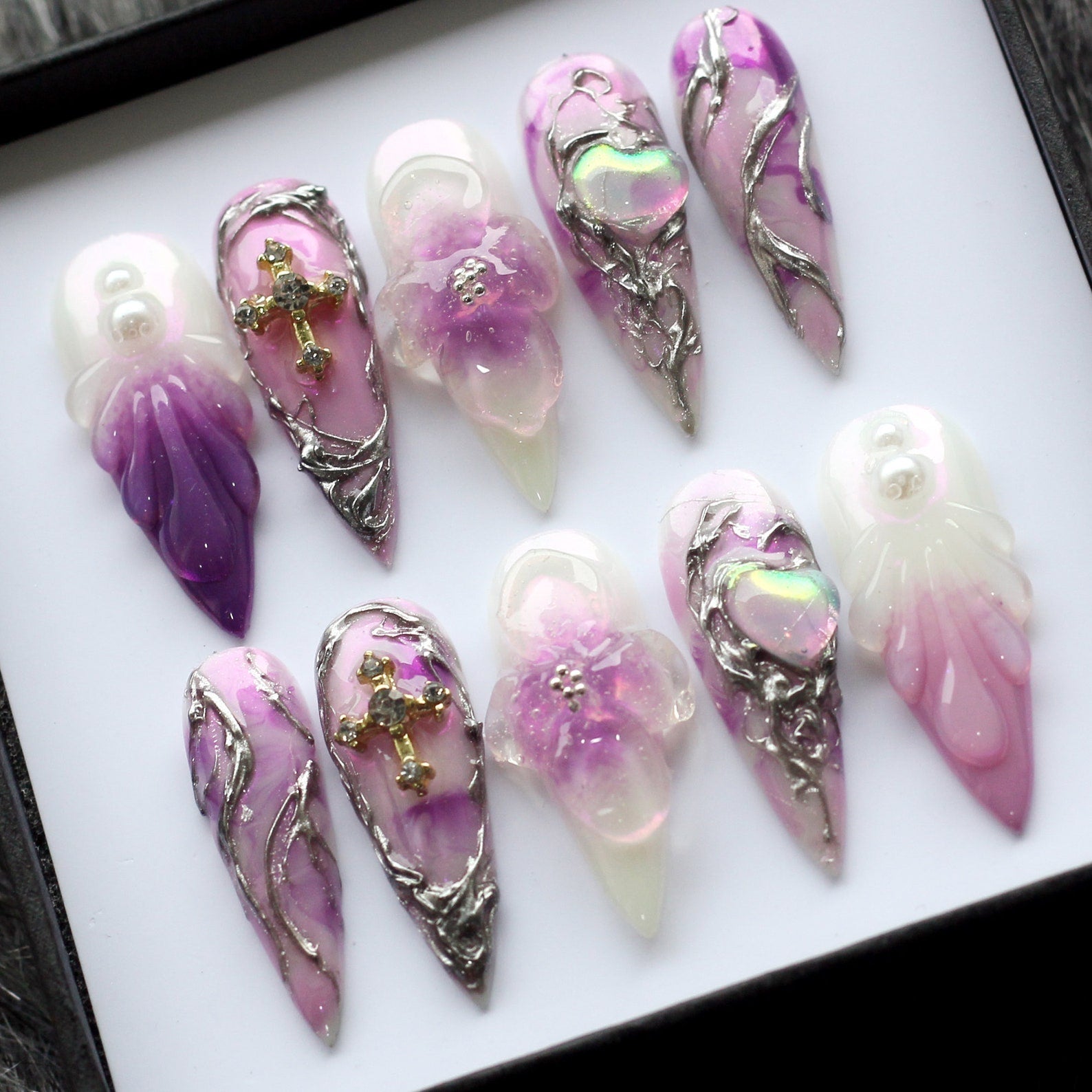 Purple flower Cross Handmade Press on nails - Summer Nails 