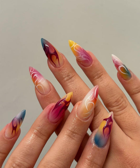 Rainbow Ombre Flame Handmade Press on nails - Summer Nails