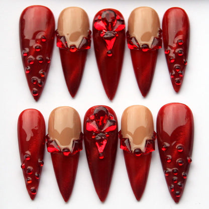 Red Cat-Eyes Handmade Press on nails - Summer Nails