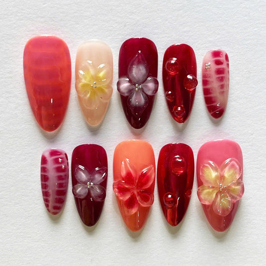 Red Velvet Flower Handmade Press on nails - Summer Nails