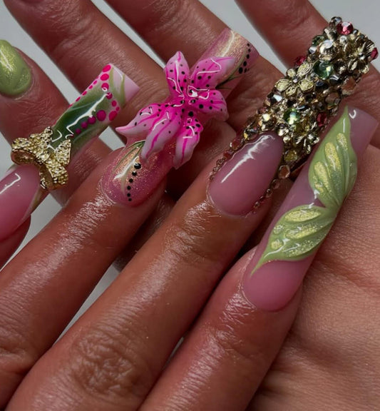Rhinestone Lily Flower Handmade Press on nails - Summer Nails