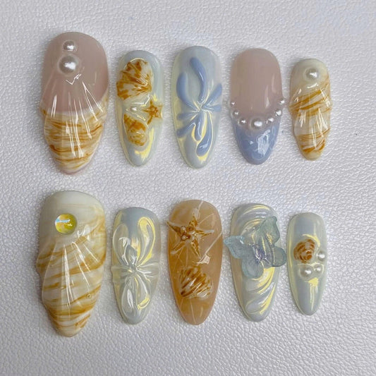 Seashell Butterfly Handmade Press on nails - Summer Nails
