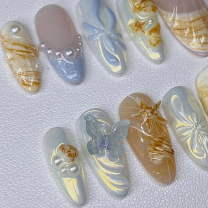 Seashell Butterfly Handmade Press on nails - Summer Nails