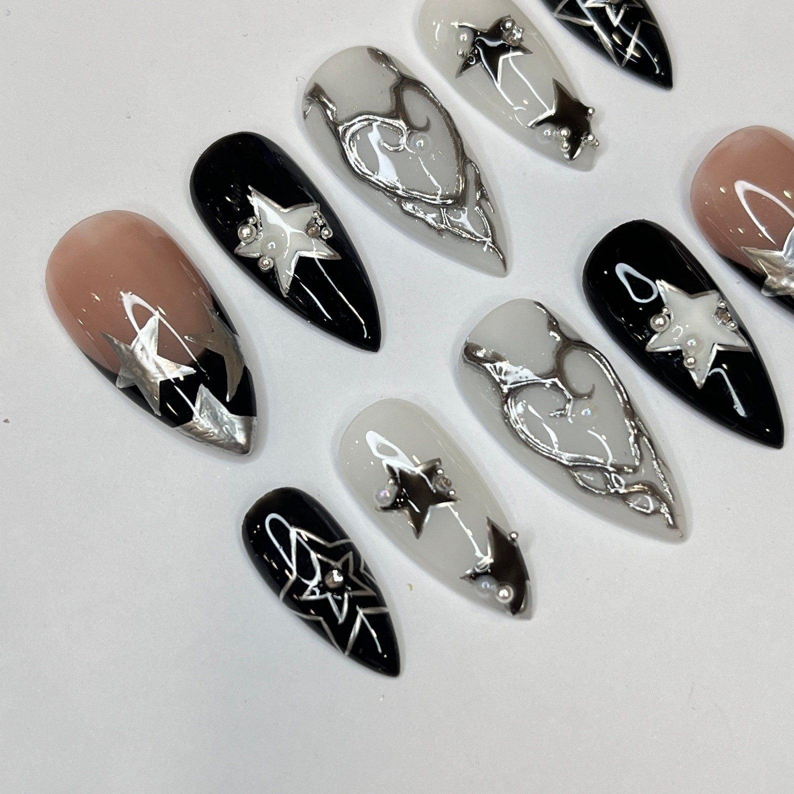 Silver Stars Handmade Press on nails - Summer Nails