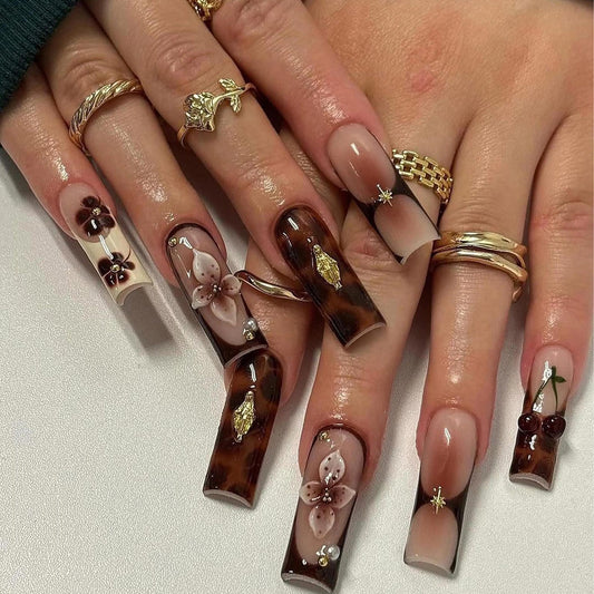 Tortoiseshell Space Floral Handmade Press on nails