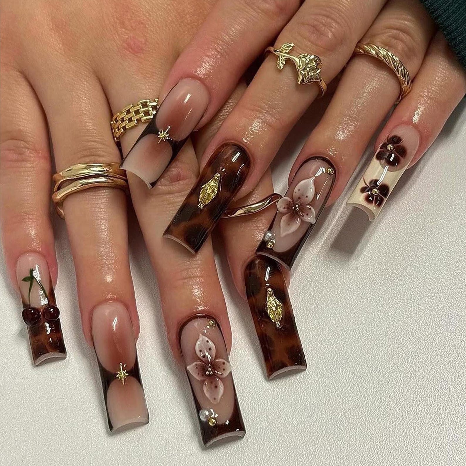Tortoiseshell Space Floral Handmade Press on nails
