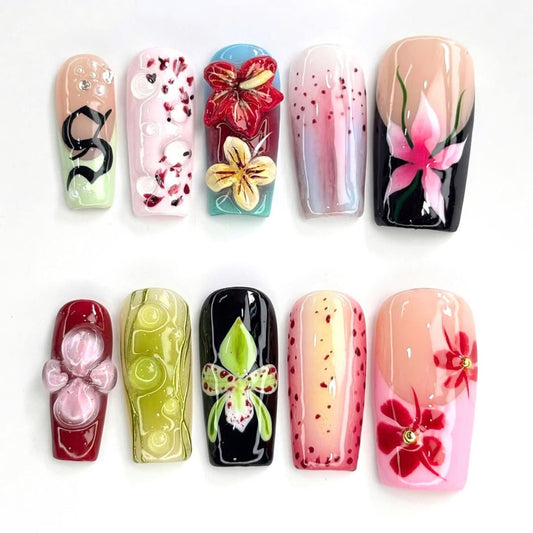 Vibrant Orchid Flower Handmade Press on nails - Summer Nails