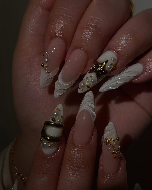 White Pearl Shell Handmade Press on nails - Summer Nails