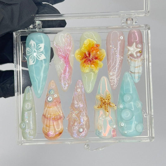 Ocean Flower Handmade Press on nails