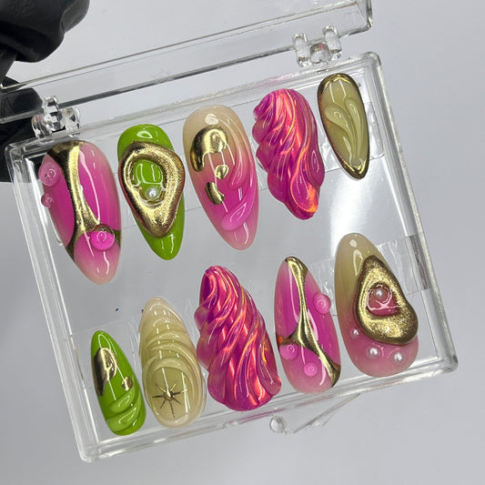 Pink Green Flower Garden Press on nails