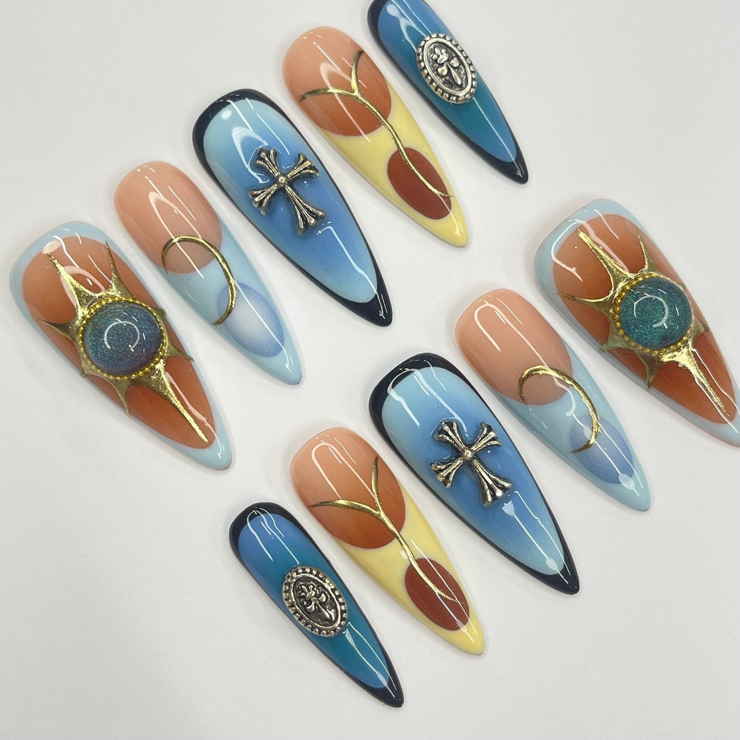 Summer Blue Yellow Aura Press on nails