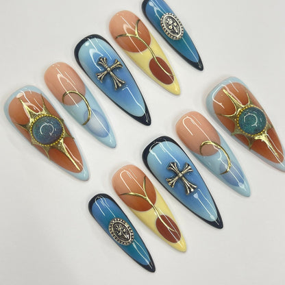 Summer Blue Yellow Aura Press on nails